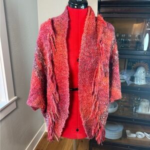 Sleeping on Snow Red Multi Bouclé Open Front Cardigan Sweater Fringe Trim Size M